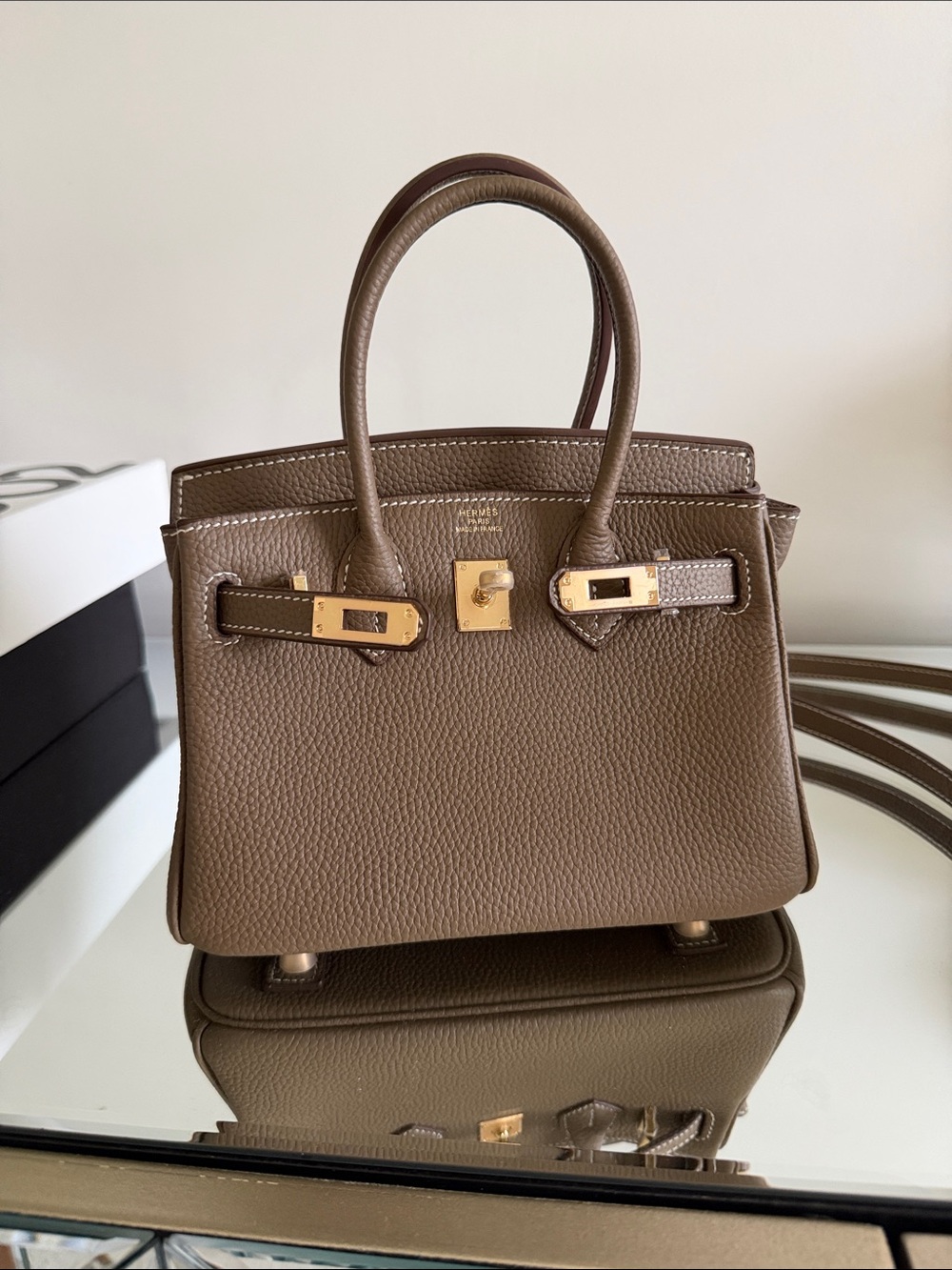 Taupe Leather Top-Handle Women's Bag with Gold Hardware